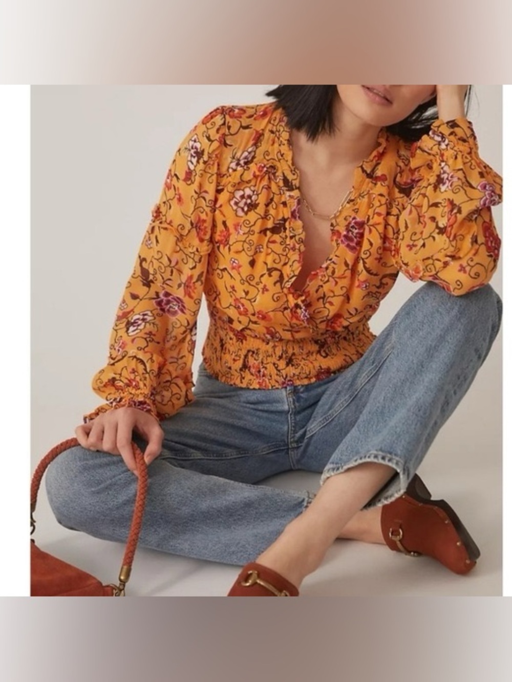 Anthropologie Floral Smocked V-Neck Ruffled Boho Yellow Long Sleeve Size M